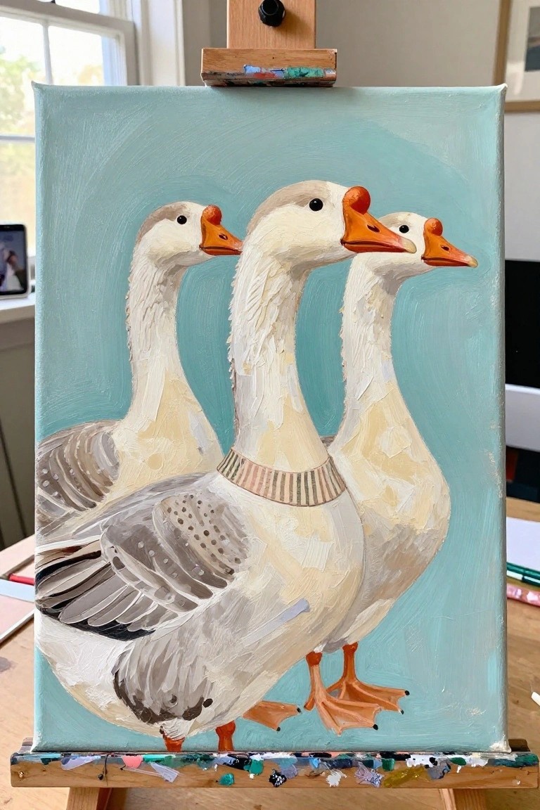 Three white geese with orange beaks on textured canvas atop wooden easel