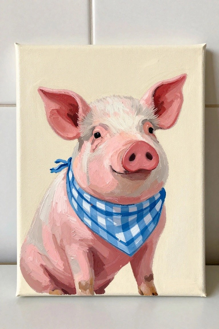 Pink pig wearing blue gingham bandana in oil painting on canvas