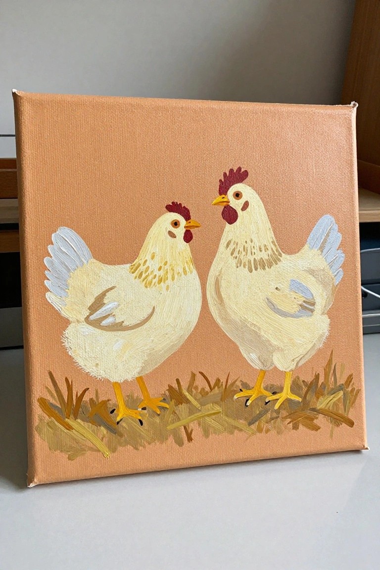 Two white chickens with red combs facing each other on grass against peach background in painting