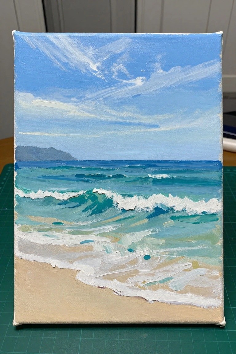 A rectangular acrylic painting of ocean waves with white foam approaching a sandy beach under a blue sky with clouds and a distant hill.