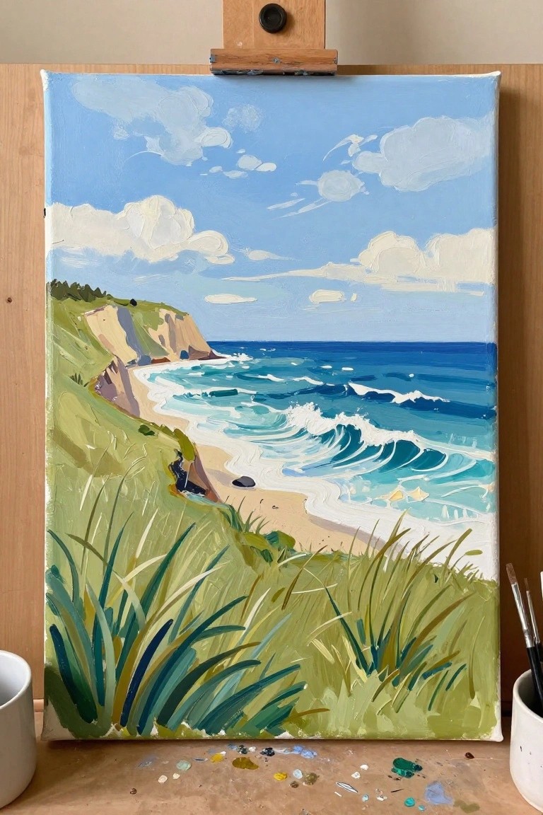 Vibrant seascape painting on easel with ocean waves, beach, cliffs, and blue sky