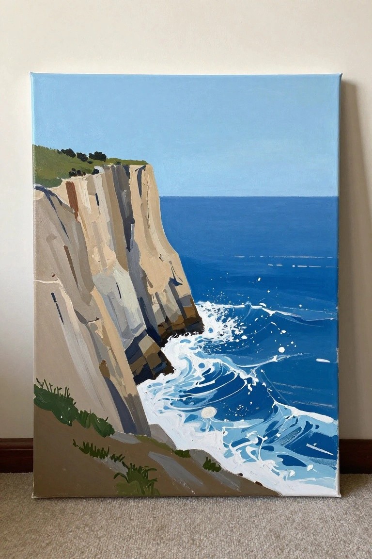 Beige cliffs overlook crashing white waves in a blue ocean painting.