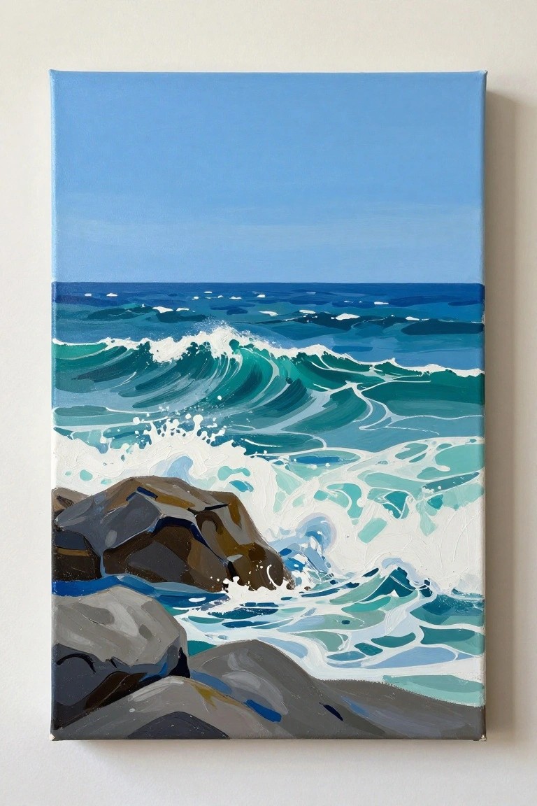 Painting of turquoise waves crashing on brown rocks under clear blue sky