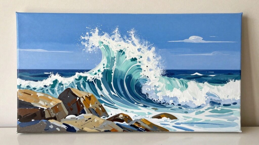 Seascape painting of turquoise waves crashing against brown rocks under blue sky