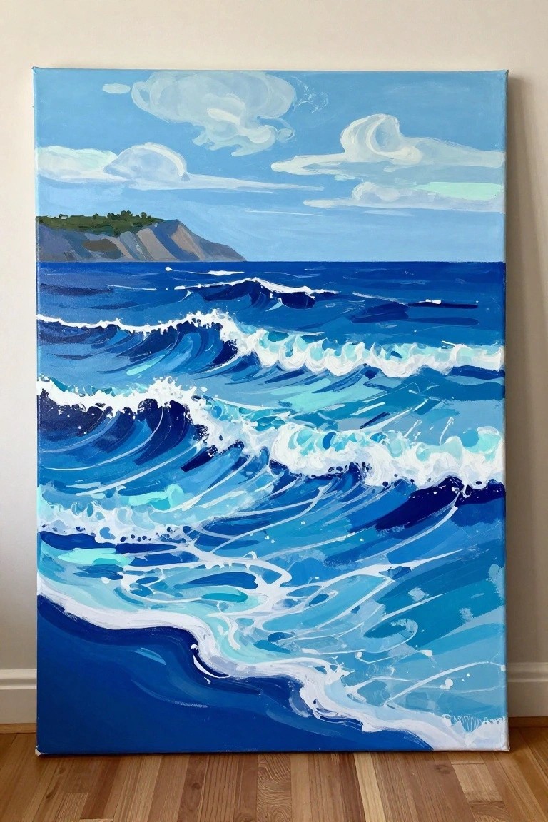 An acrylic painting of blue ocean waves with white foam, a distant cliff under a light blue sky, on a wooden floor.