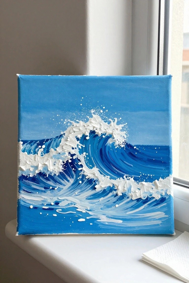 An acrylic painting of a blue ocean wave with thick white foam on a canvas sitting on a windowsill.