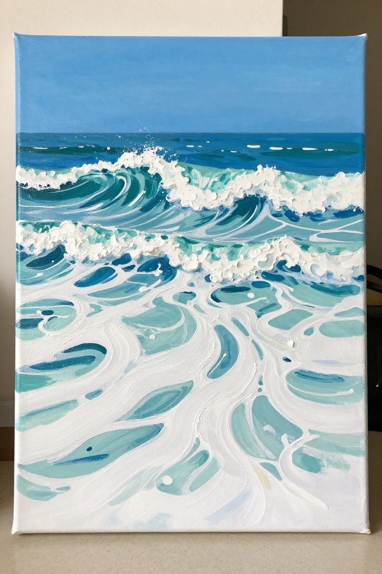 Impasto ocean painting with swirling blue-green waves and white foam crests.
