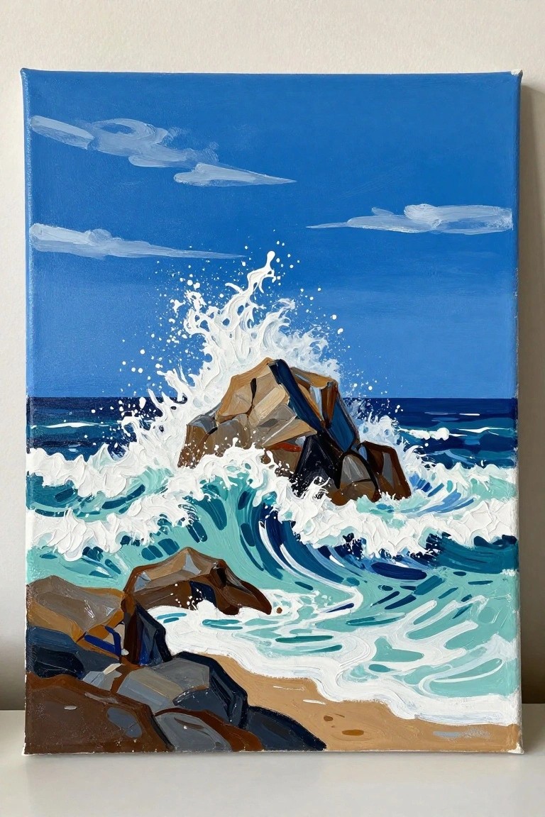 Seascape painting of turquoise waves crashing against brown rocks under blue sky