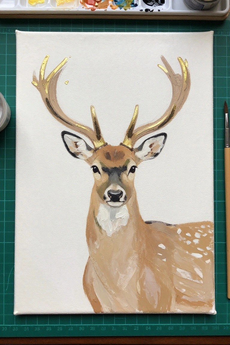 Canvas painting of deer with gold antlers, palette and brush nearby