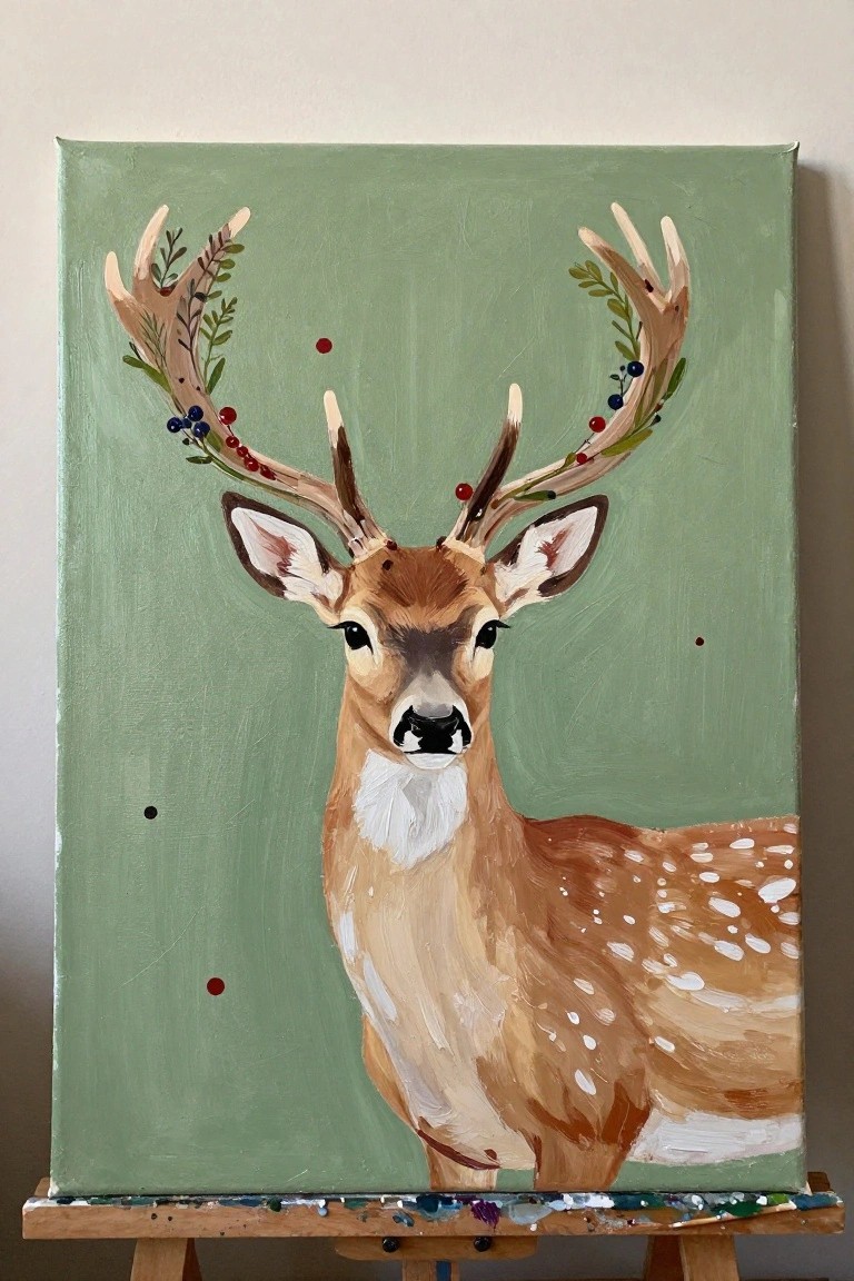 Brown deer with berry-adorned antlers on green canvas atop paint-stained easel