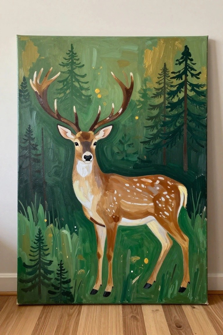 Brown deer with antlers and spots stands in green forest painting