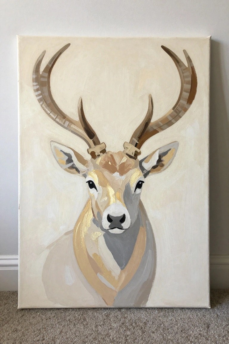 An acrylic painting of a deer head with large antlers against a plain off-white background on canvas.