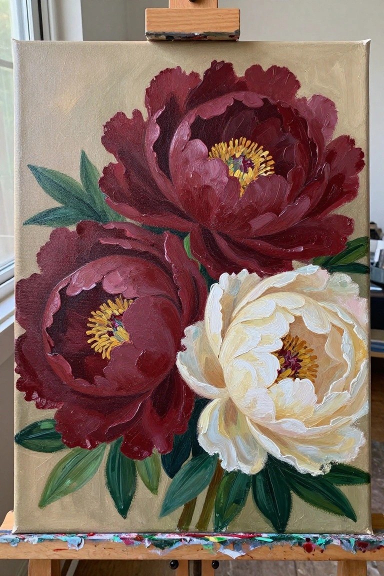 Oil painting on easel with two dark red peonies and one white peony with leaves