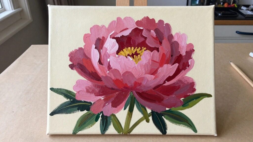 Vibrant pink peony flower with yellow center and green stem on canvas