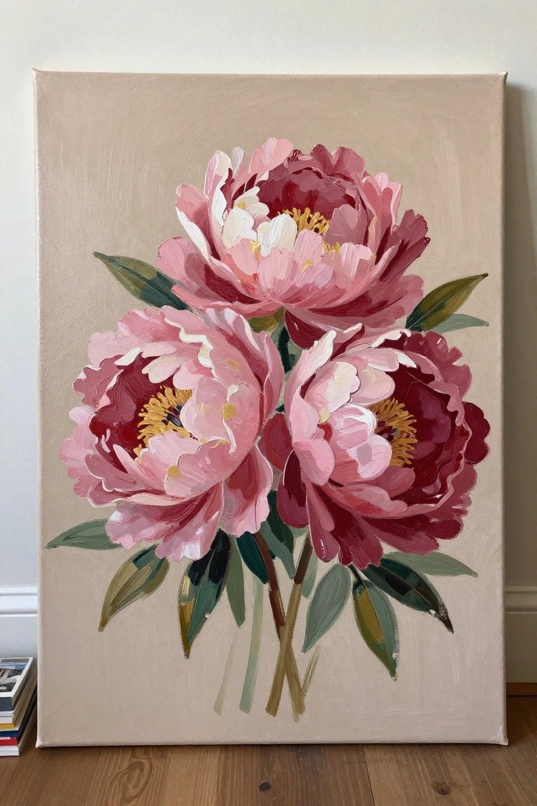 Oil painting of three pink and maroon peonies with green leaves on canvas