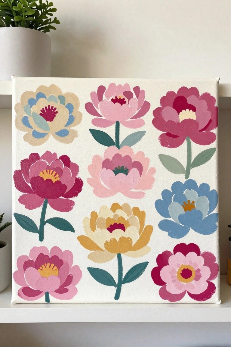Colorful abstract flower painting with nine pink, blue, and yellow blooms on canvas.