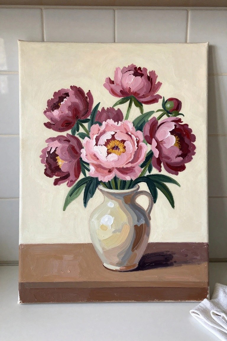Painting of pink and magenta peonies in a ceramic pitcher on brown surface.
