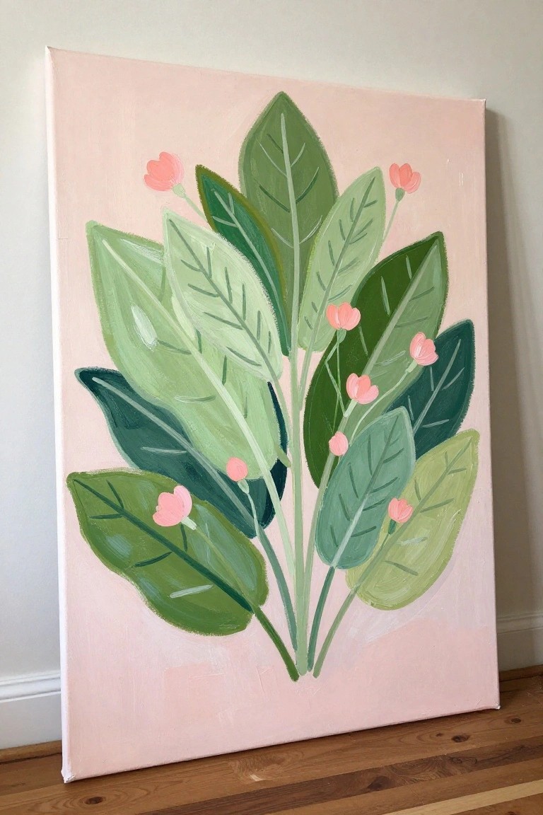 Stylized green leaves and pink flowers on a light pink canvas painting