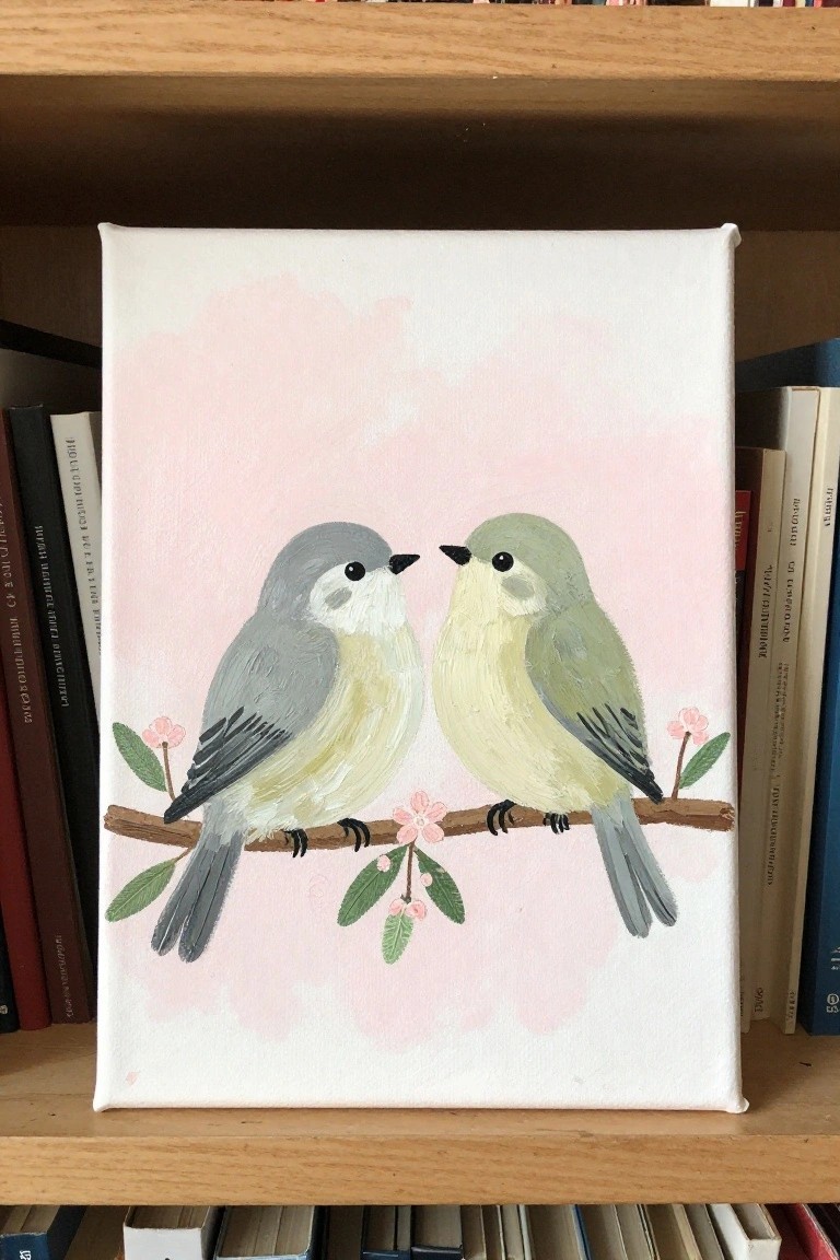 Two birds in gray and yellow perch on a flowered branch against soft pink background.