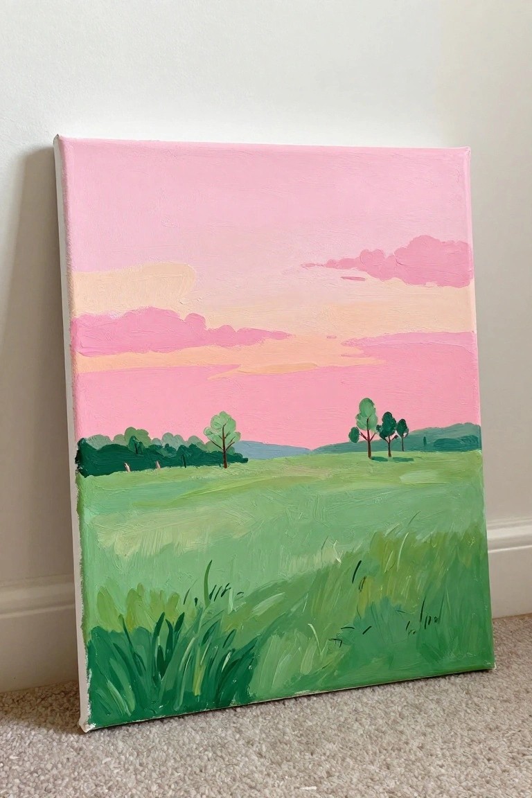 An acrylic painting of a pink and peach sky above green fields with trees, propped against a wall on carpet.