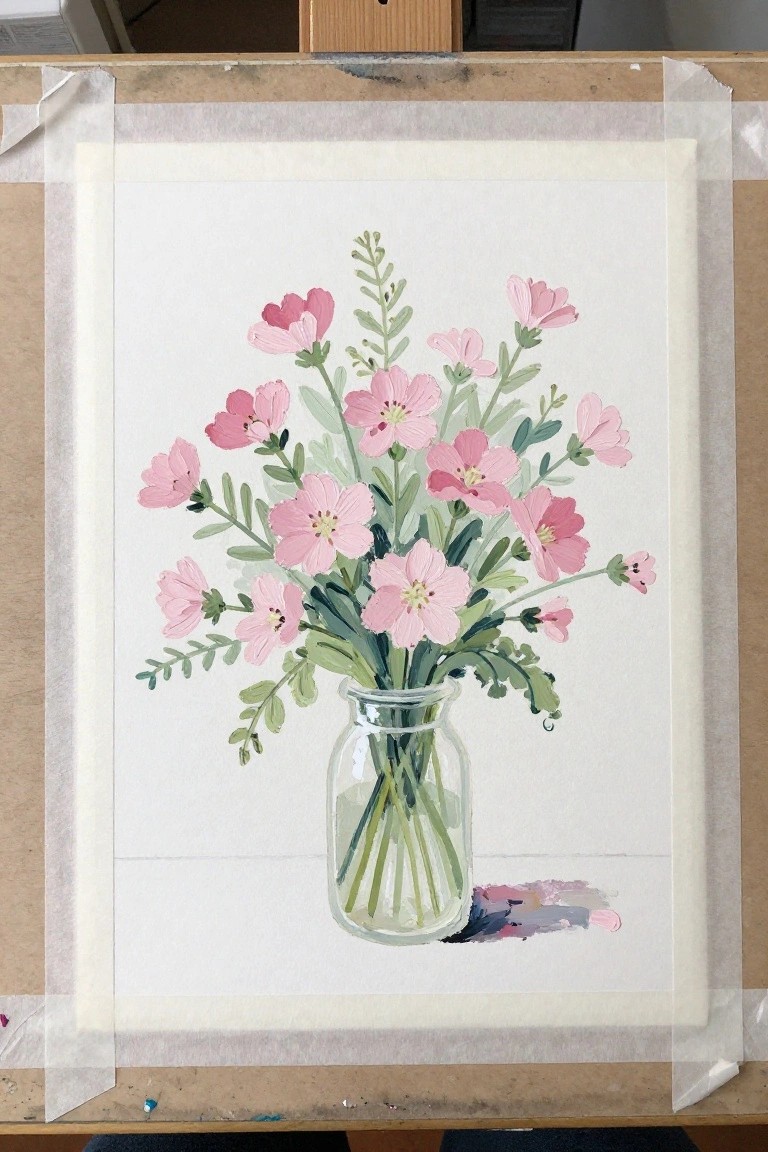 Watercolor of pink flowers in glass jar taped to wooden board