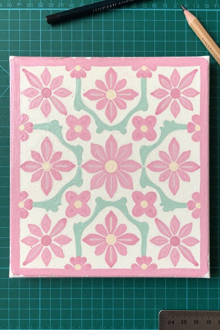 Hand-painted square tile with pink flowers, green vines, yellow centers on white with pink border on green mat.