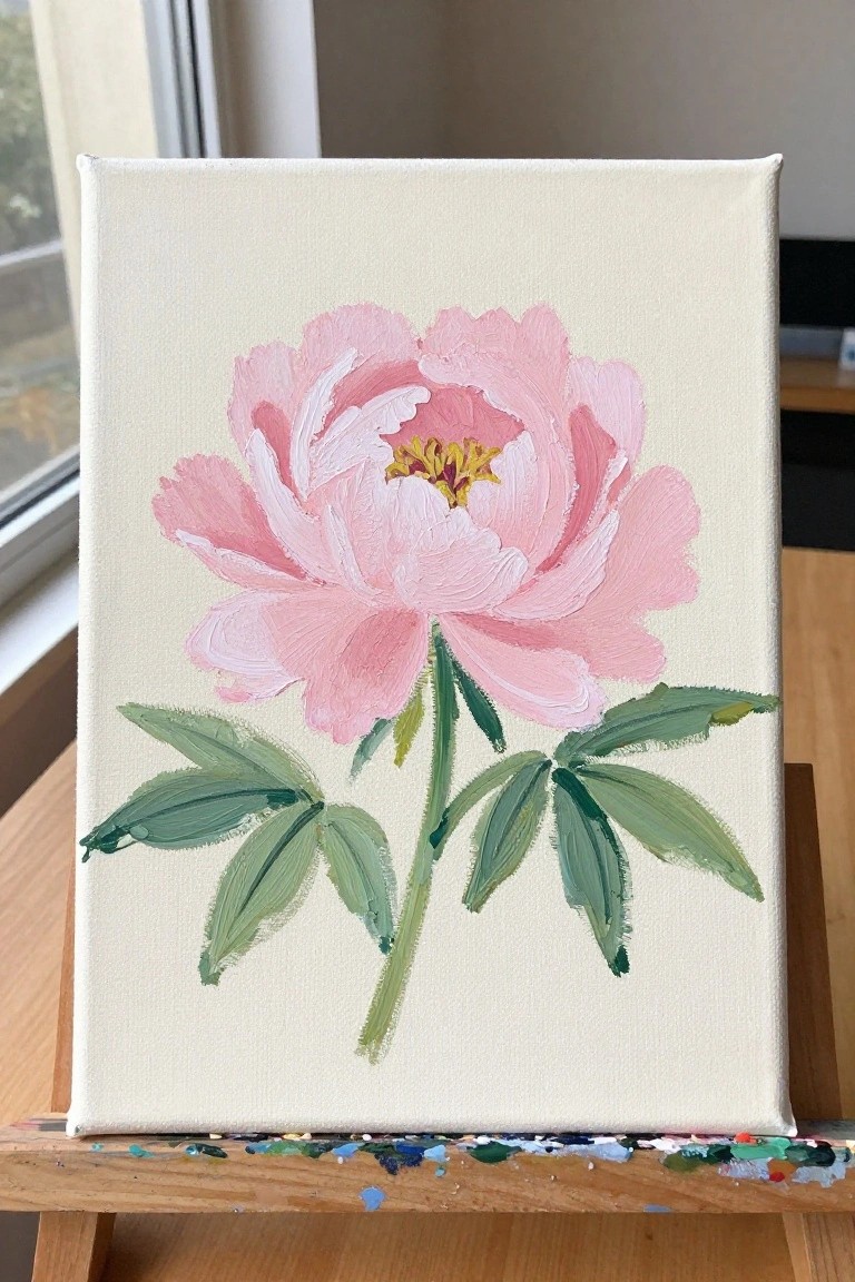 Pink peony painting with yellow center and green leaves on canvas easel
