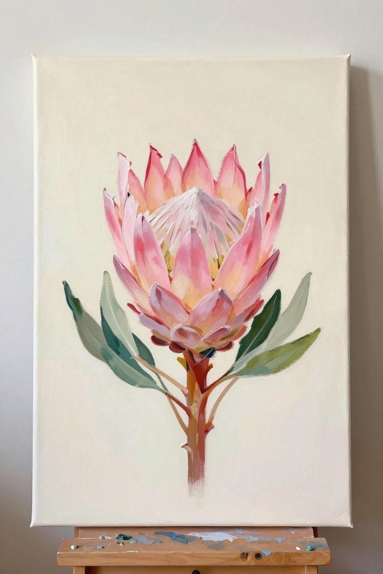 Pink protea painting with green leaves on white canvas atop paint-stained wooden easel