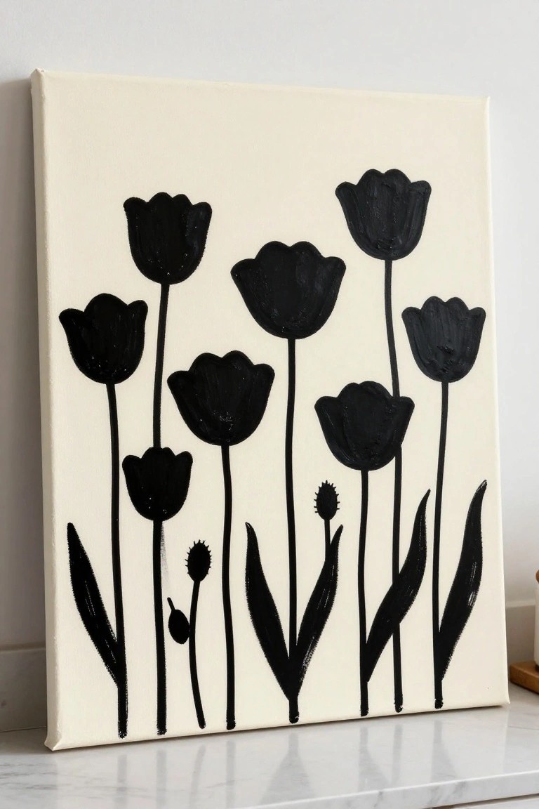 Black tulips with stems and leaves painted on white canvas