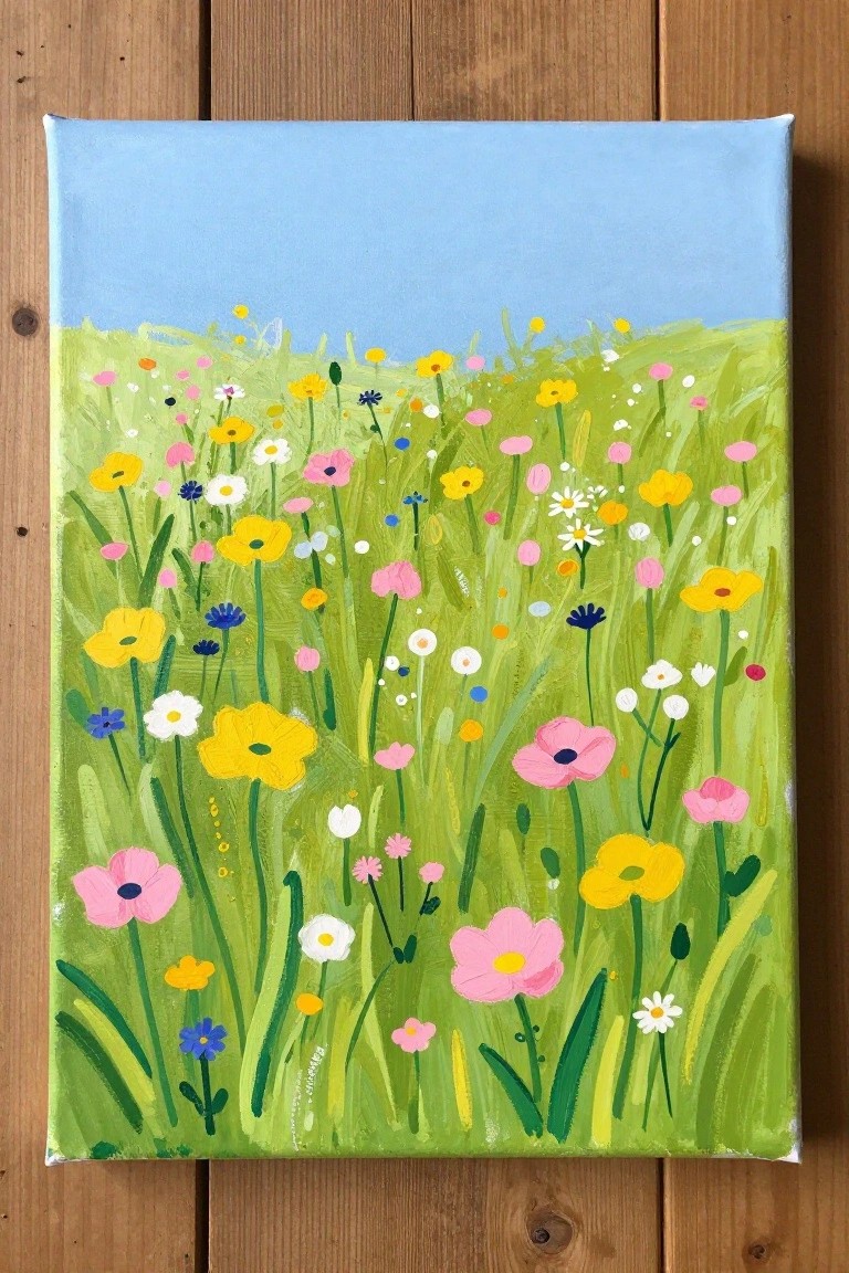 Vibrant painting of colorful wildflowers blooming in a green meadow under blue sky.