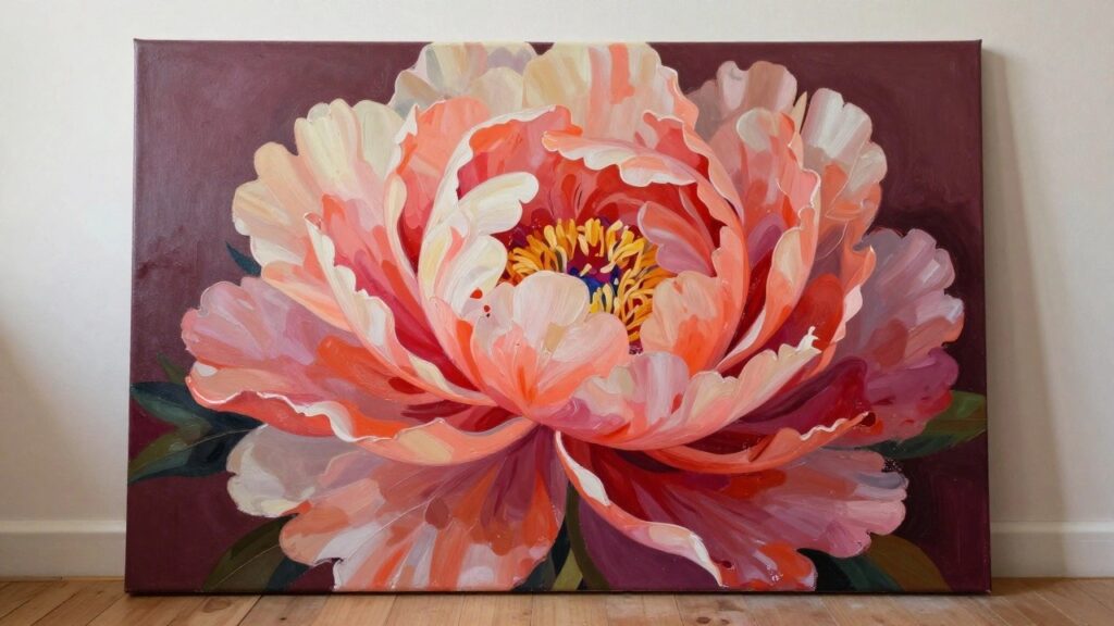 Vibrant pink and red peony painting with yellow center on purple canvas against wall