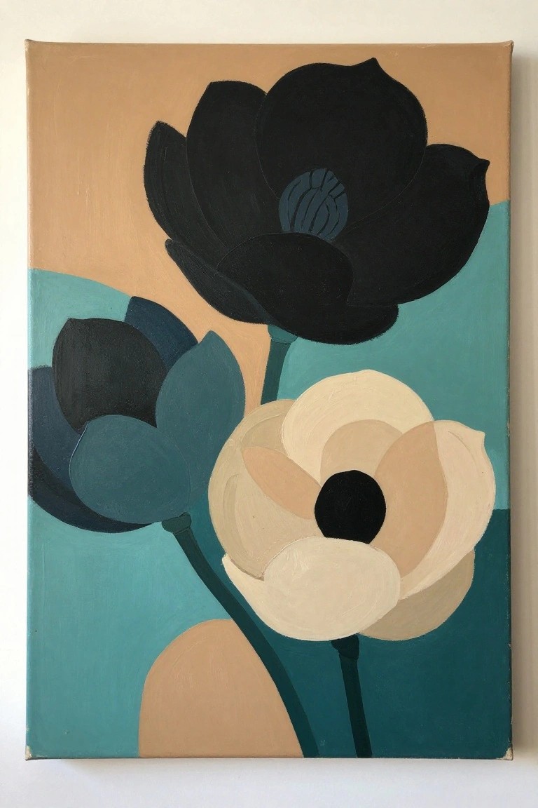 Abstract painting of large black and cream flowers on teal-peach background.