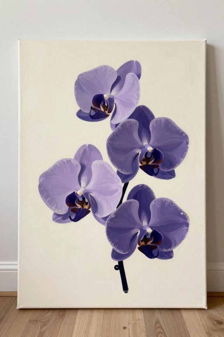 Realistic painting of purple orchids on a white canvas leaning against wall