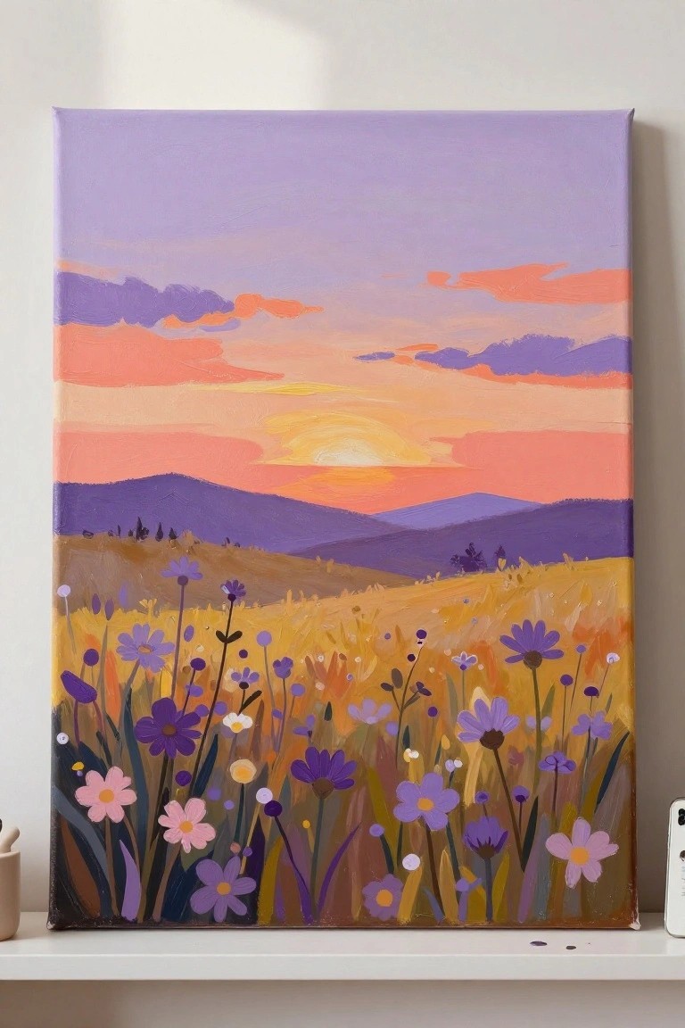 Vibrant sunset painting with purple mountains, orange sky, and colorful wildflower meadow.