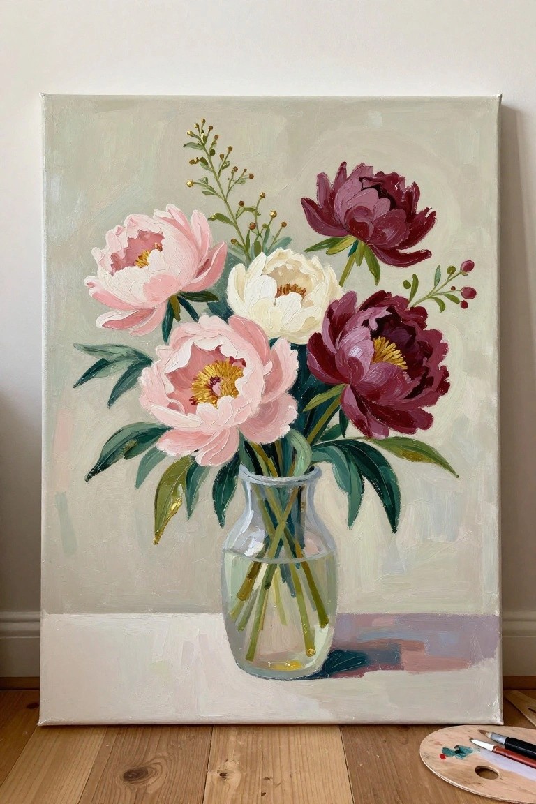 Painting of pink, white, and burgundy peonies in glass vase on floor