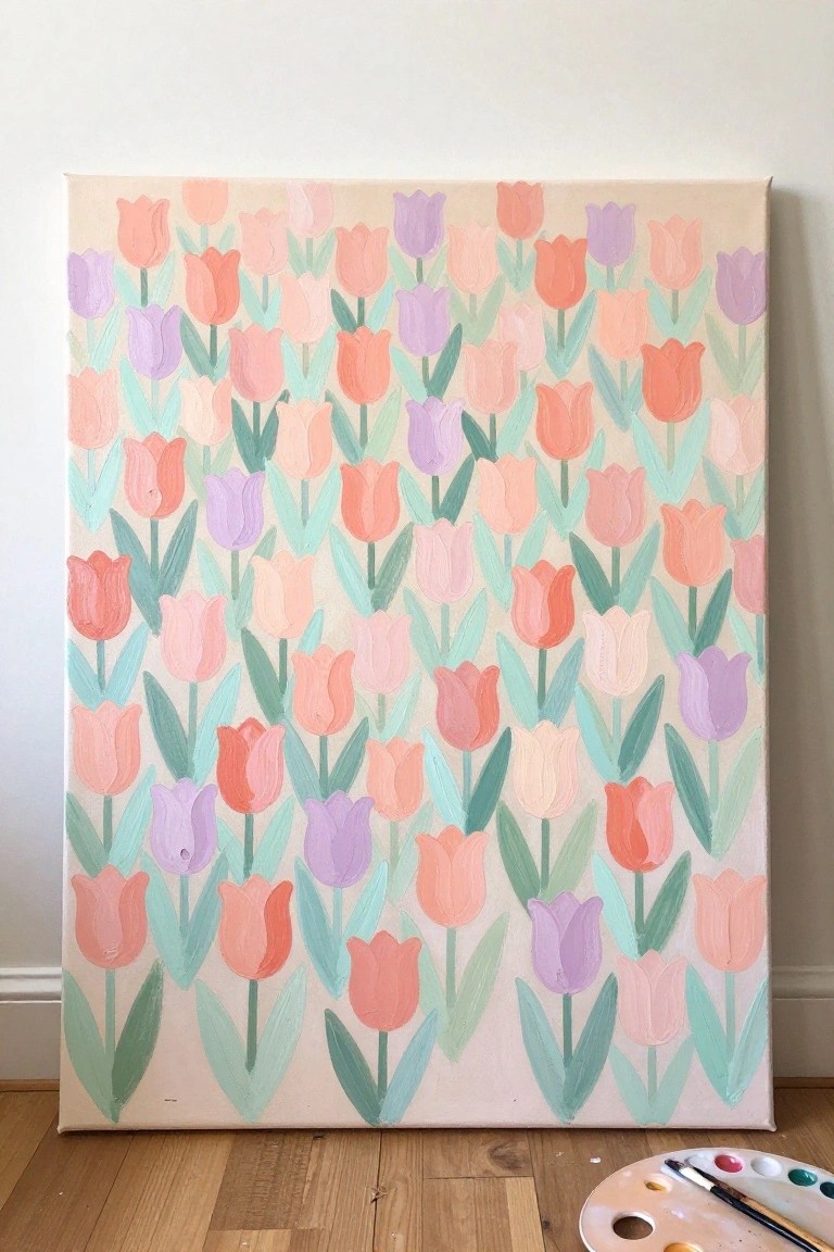 Pastel tulip painting on canvas with palette and brush on floor