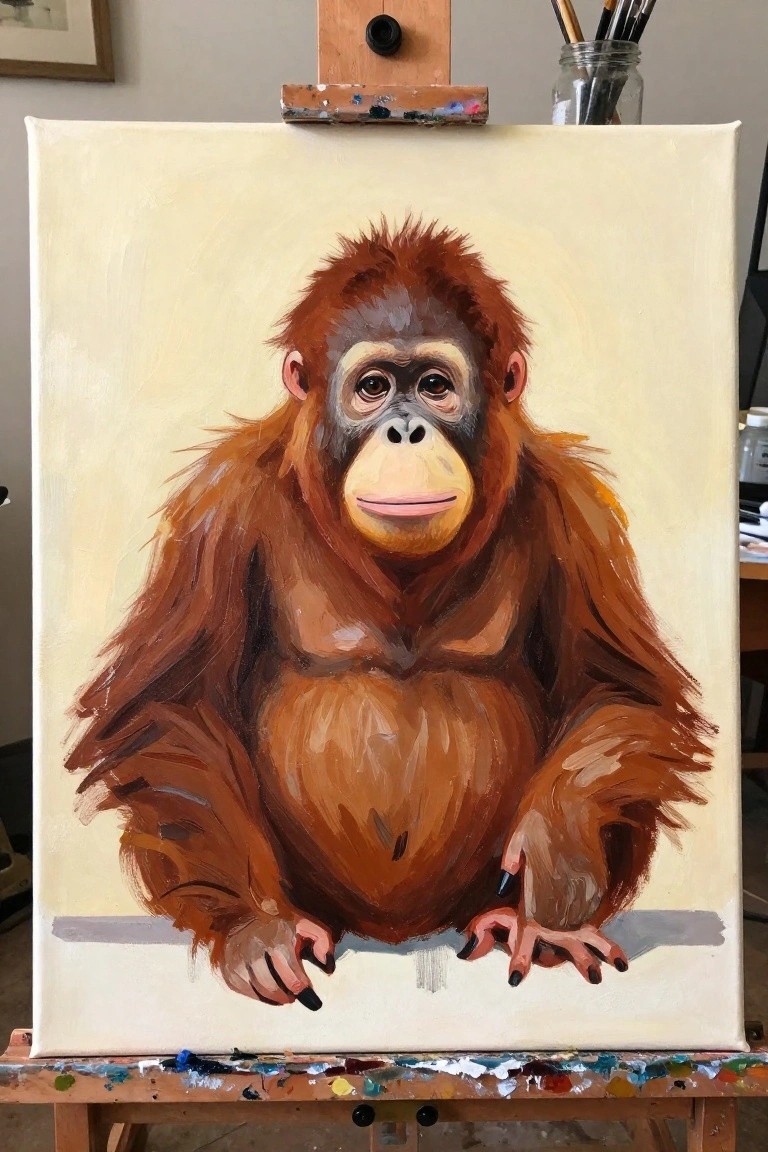 Painting of a young orangutan with reddish fur on a paint-splattered easel.