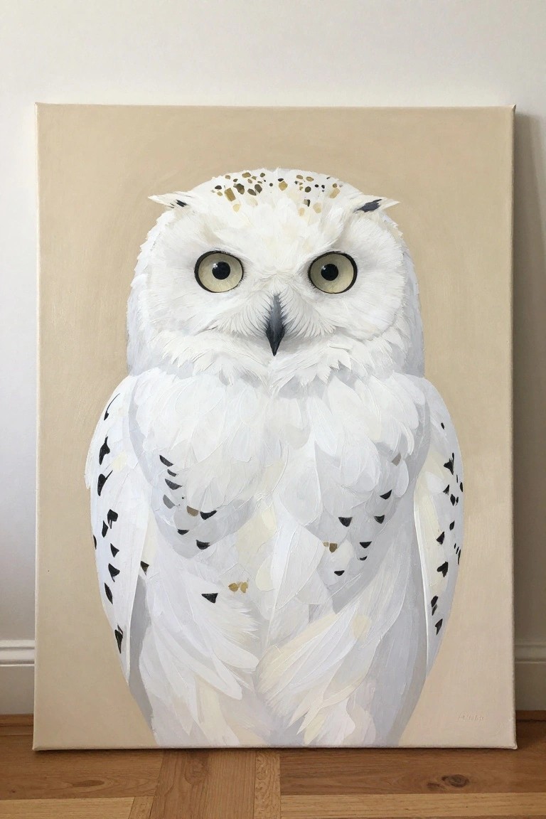 White snowy owl with yellow eyes and black wing markings on beige canvas