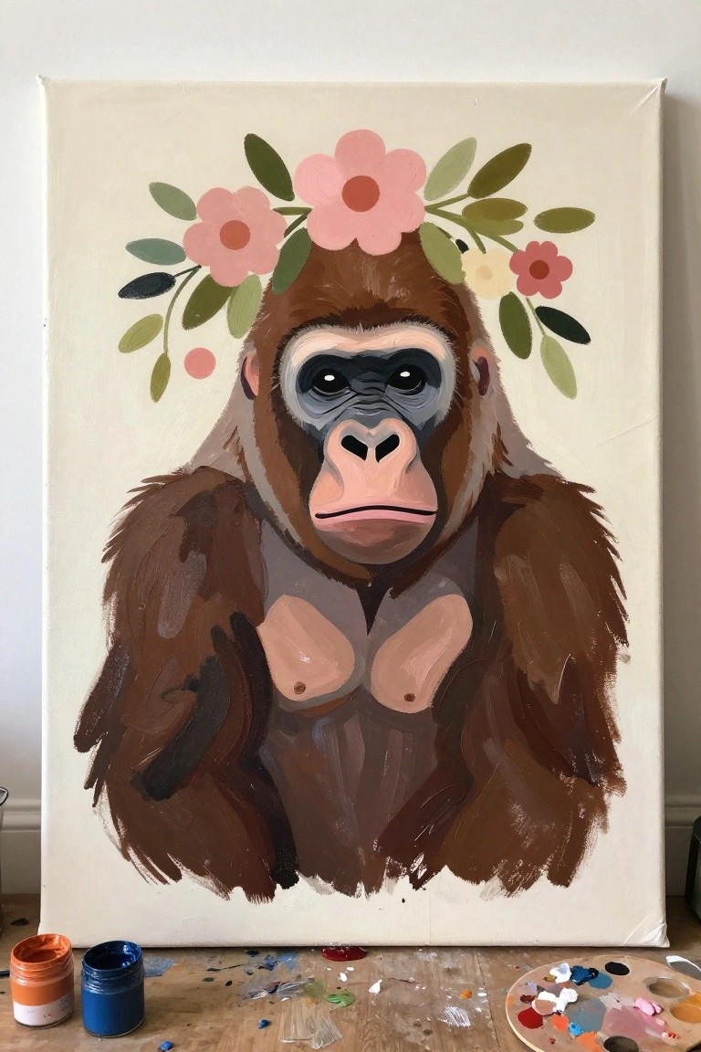 Painting of brown gorilla with pink flower crown on canvas beside paint supplies