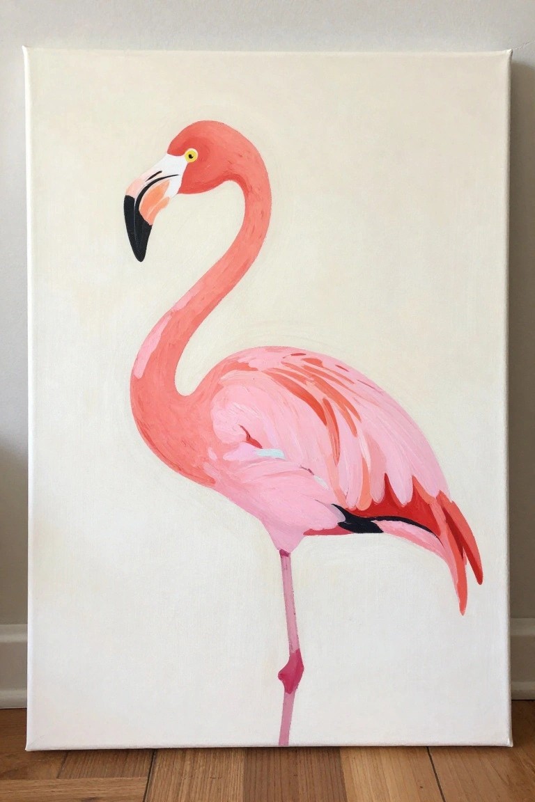 Pink flamingo painting on white canvas propped on wooden floor against wall