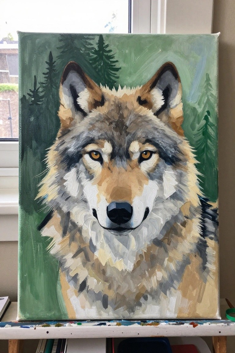 Close-up painting of a wolf with brown-gray fur and green forest backdrop
