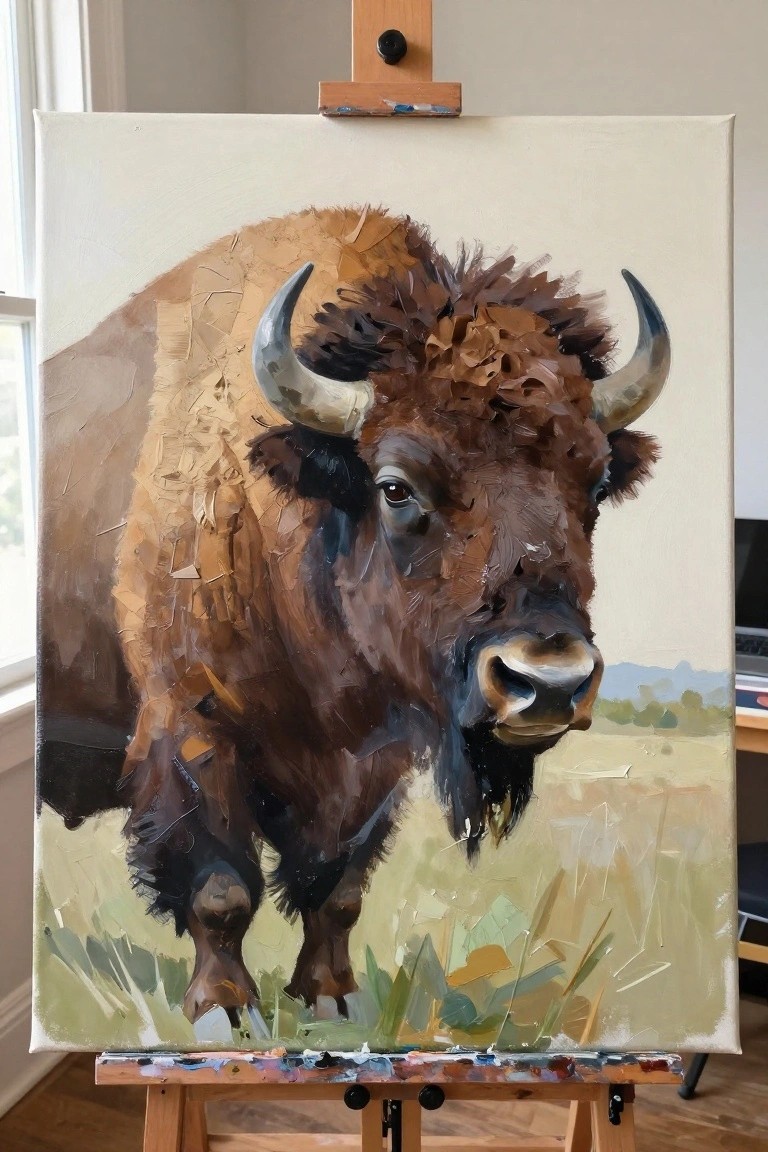 Thickly textured oil painting of a brown bison on a wooden easel