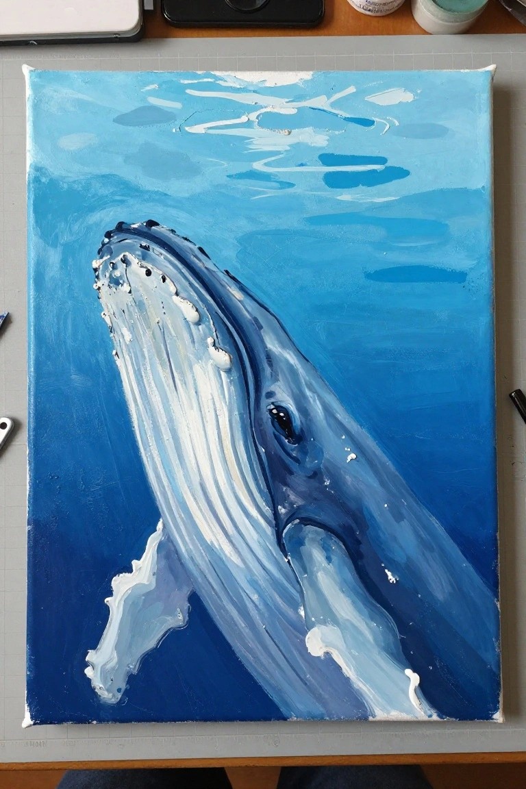 Vibrant blue acrylic painting of a humpback whale in ocean waters on canvas.