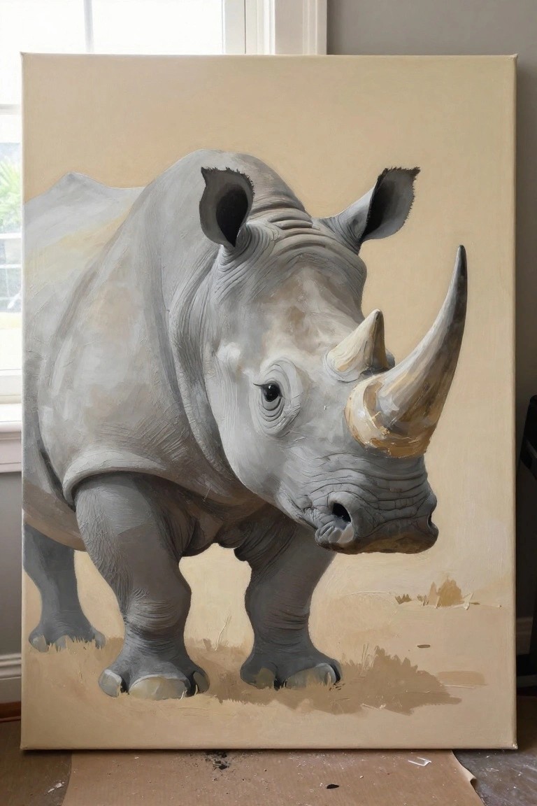 Large gray rhinoceros painting on beige canvas with sandy ground and horns