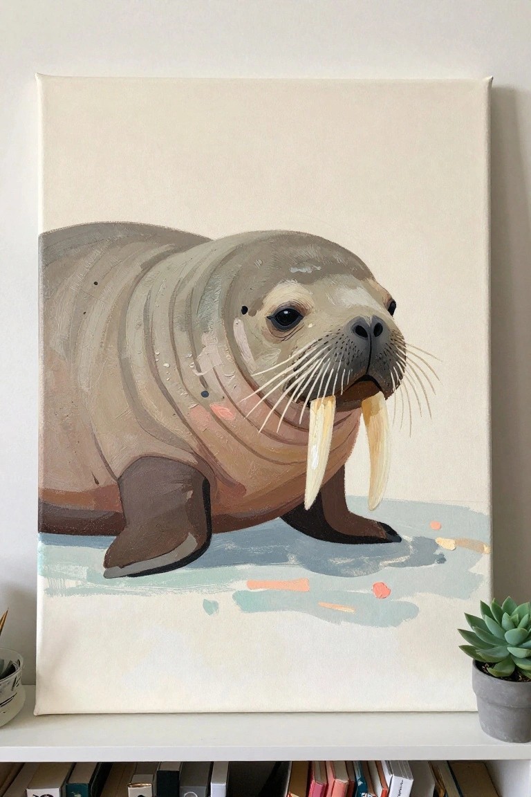 Acrylic painting of a walrus on a large canvas with a plain background and blue wash at the base.