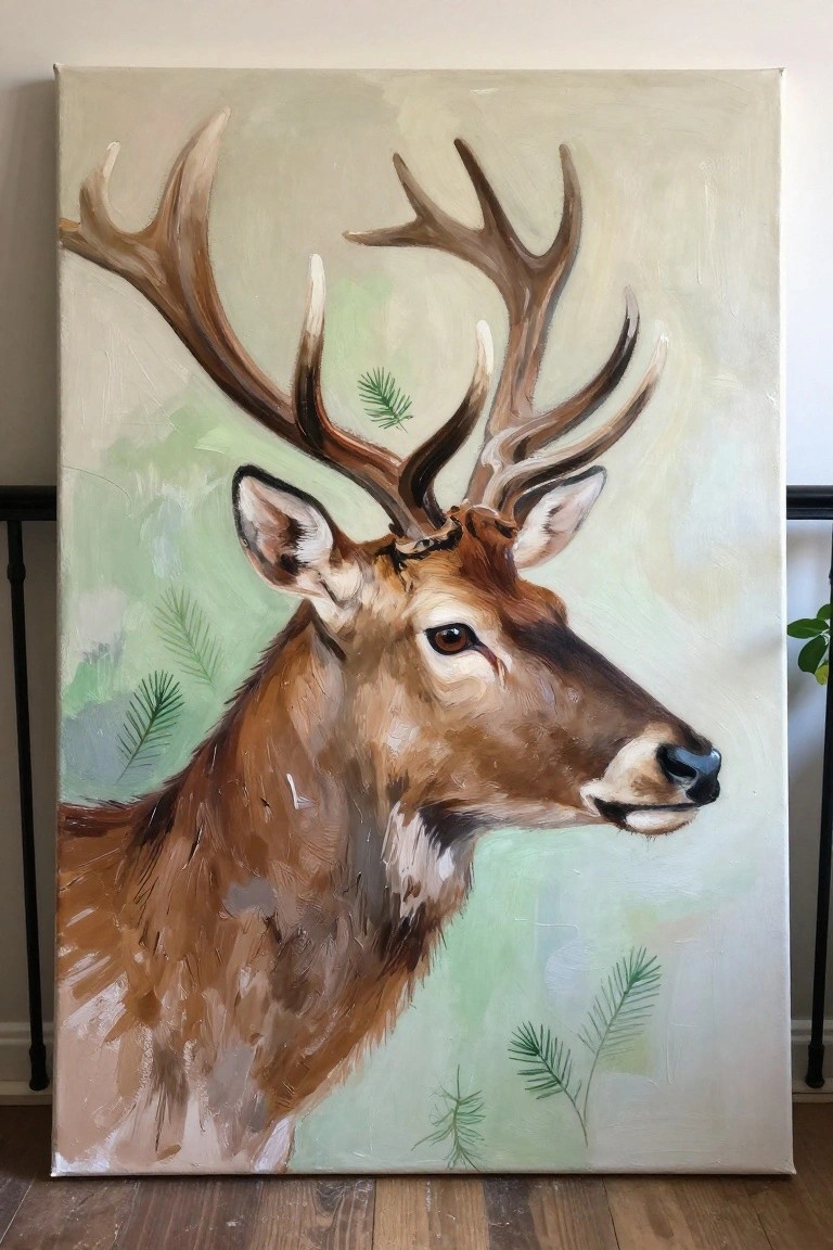 Large canvas painting of a brown buck with large antlers in profile on green background