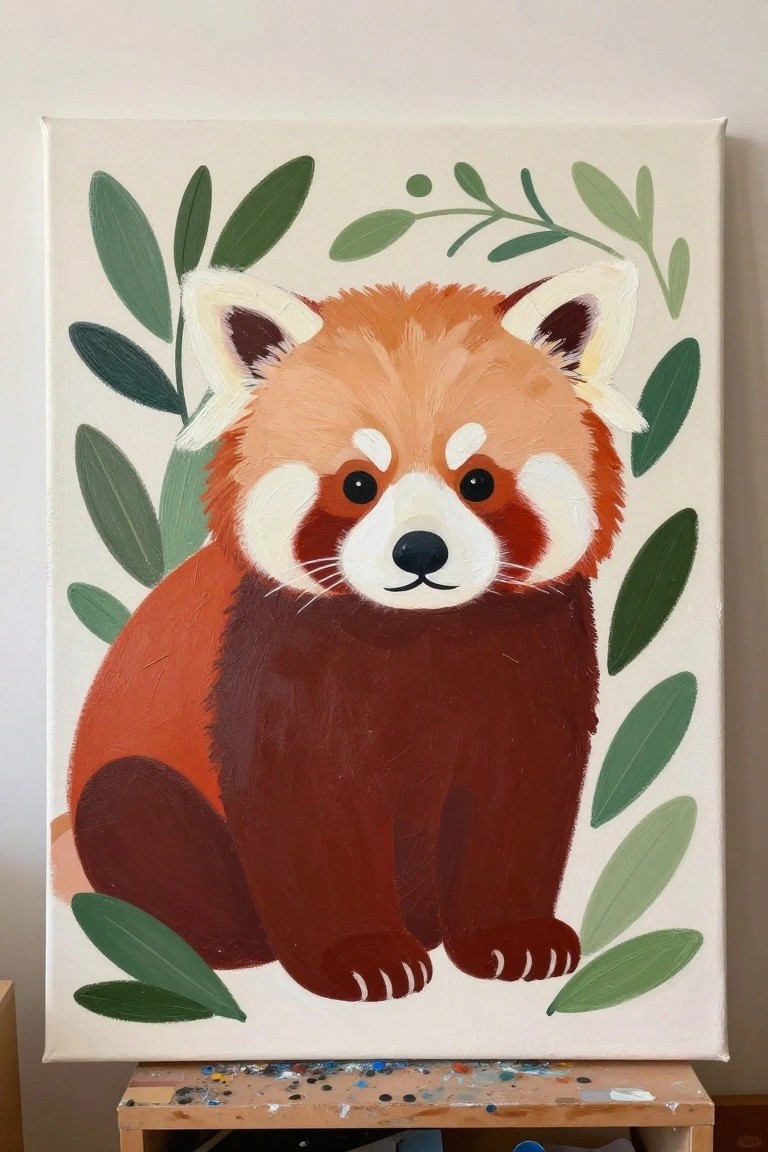 Red panda with orange fur and white markings amid green leaves on canvas easel