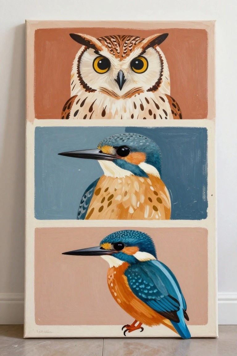 Three-panel canvas with forward-facing owl above two profile kingfishers.