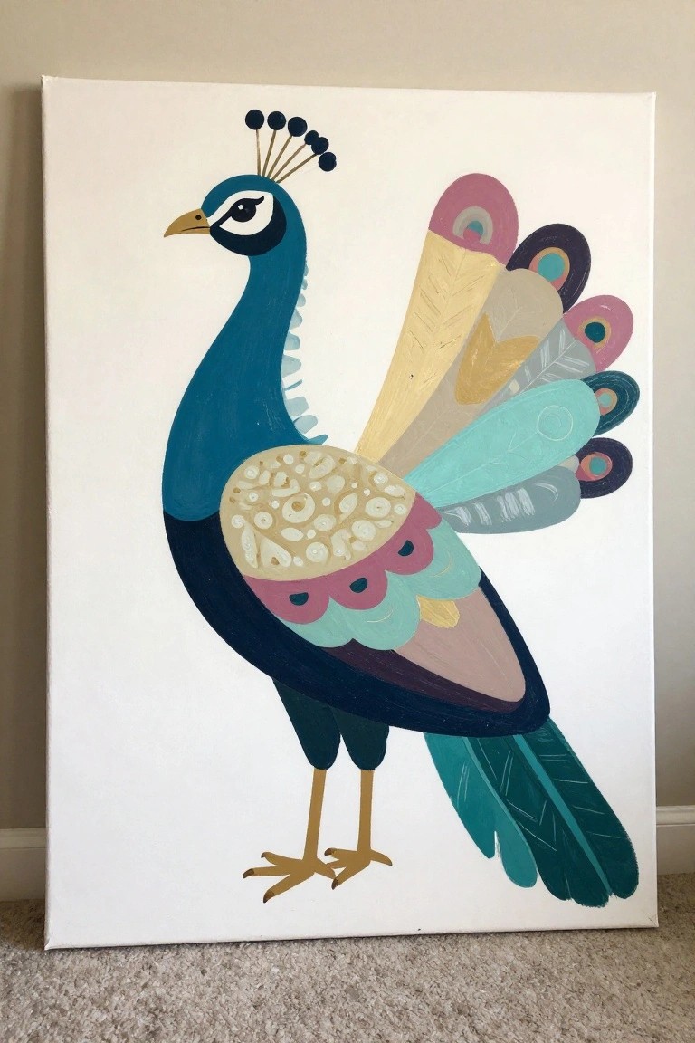 Stylized peacock painting with blue body and vibrant multicolored tail feathers on canvas
