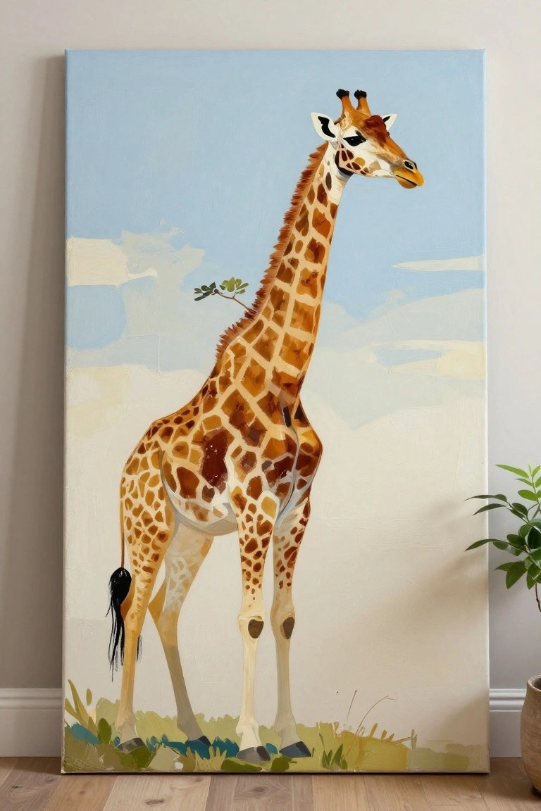 Large canvas painting of a giraffe against a white wall on wooden floor.